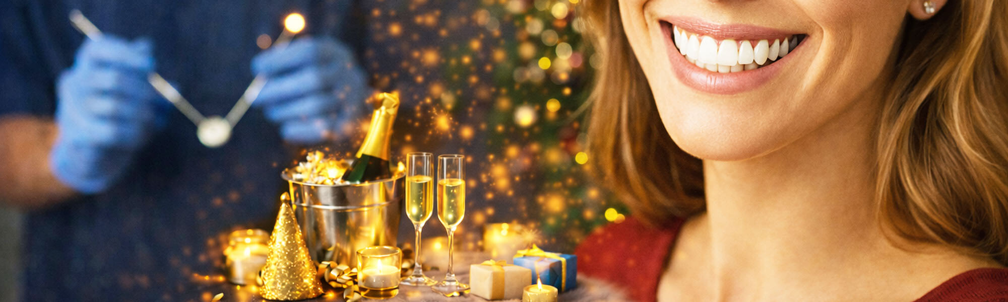 Eine junge Frau mit gepflegten, weißen Zähnen sitzt lächelnd in einem Zahnarztstuhl. Im Hintergrund tragen Zahnärzte blaue Schutzkleidung und halten medizinische Instrumente. 
                                                                                           Der Text ‚Zahnarztpraxis Dres Hasan‘ ist groß und weiß eingeblendet.