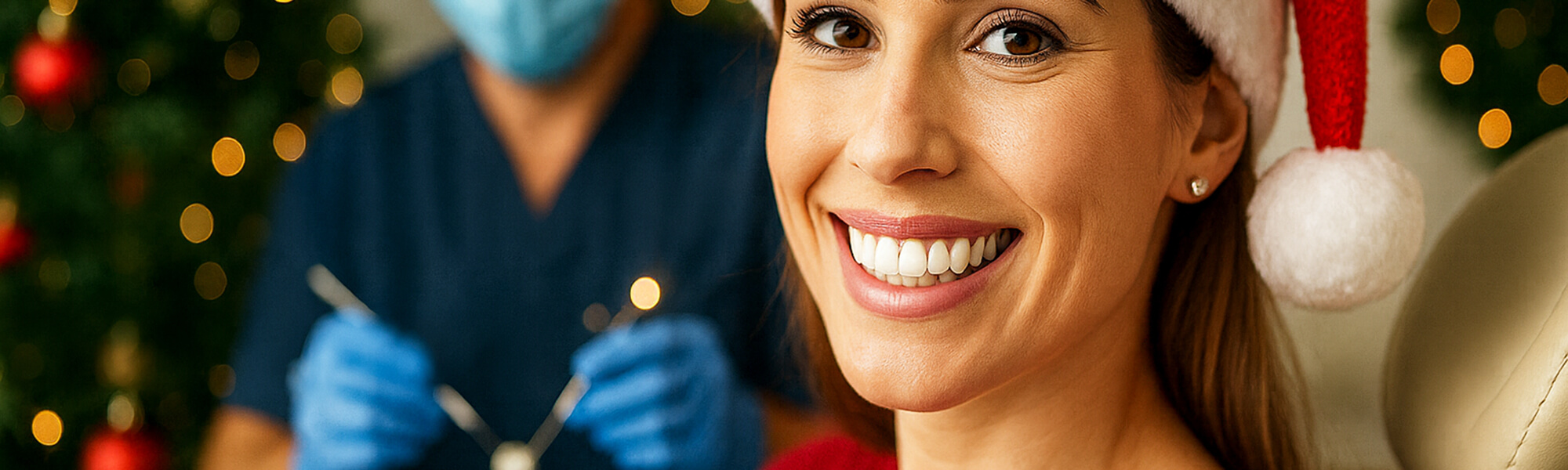 Eine junge Frau mit gepflegten, weißen Zähnen sitzt lächelnd in einem Zahnarztstuhl. Im Hintergrund tragen Zahnärzte blaue Schutzkleidung und halten medizinische Instrumente. 
                                                                                           Der Text ‚Zahnarztpraxis Dres Hasan‘ ist groß und weiß eingeblendet.